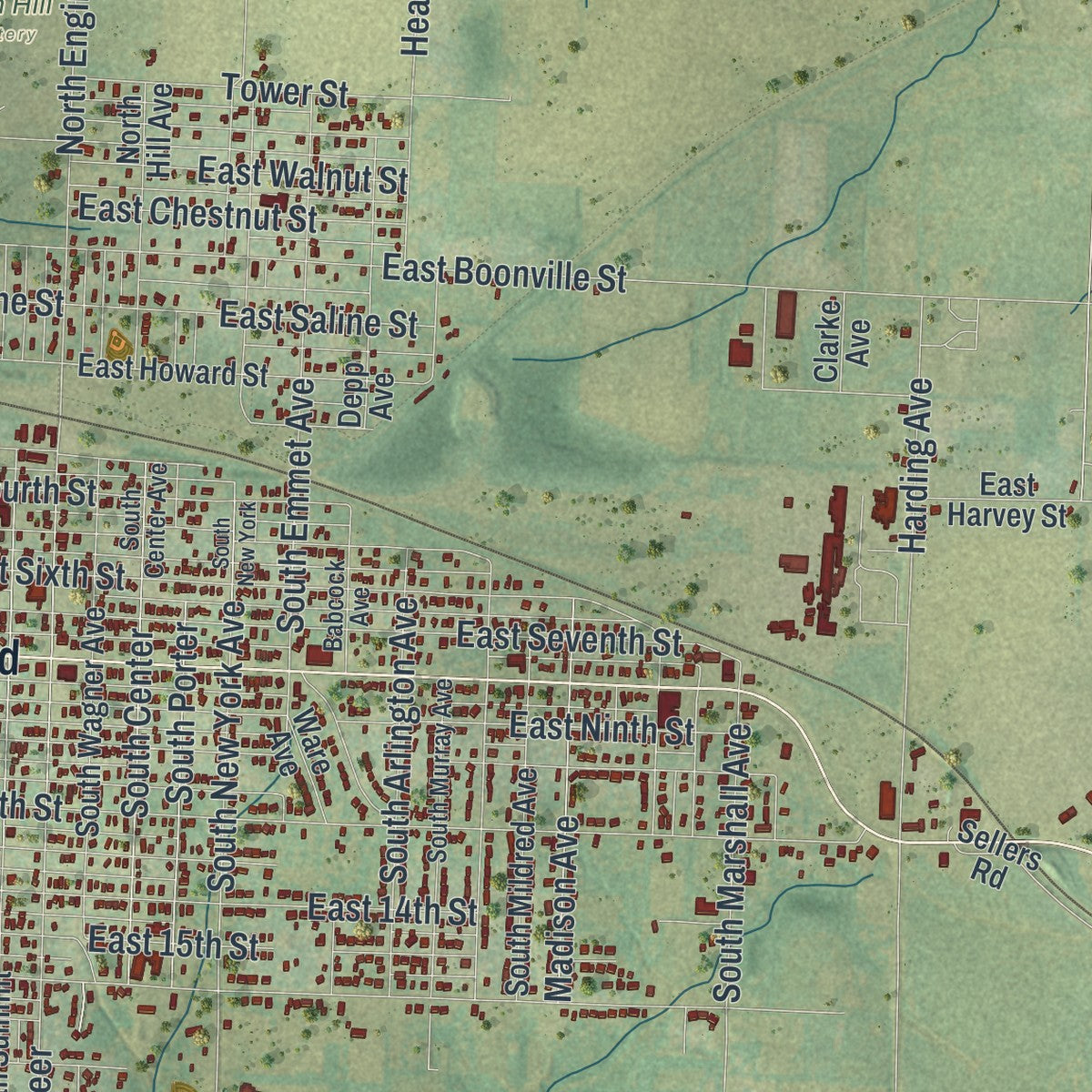 Second close-up of the map of Sedalia, Missouri print showing more streets and buildings