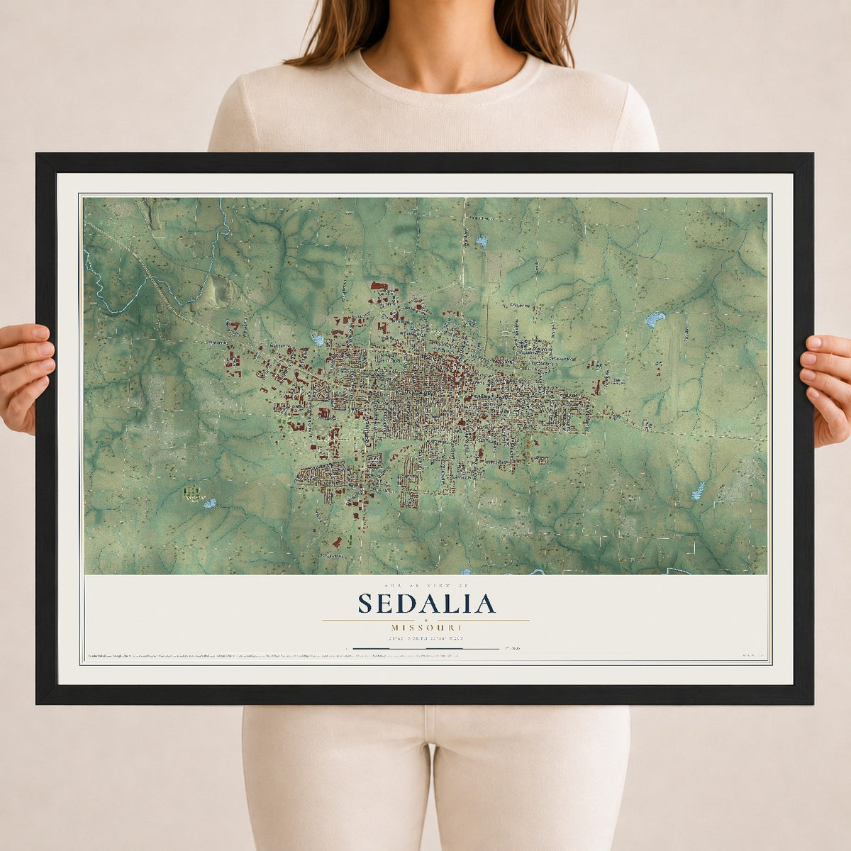 Map of Sedalia, Missouri, 18 x 24 inch print in a black wood frame