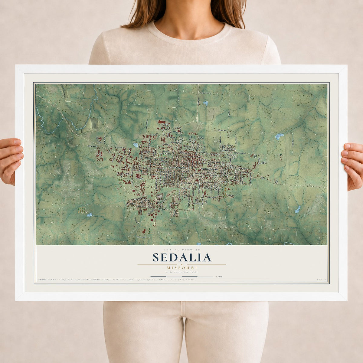 Map of Sedalia, Missouri, 18 x 24 inch print in a white wood frame