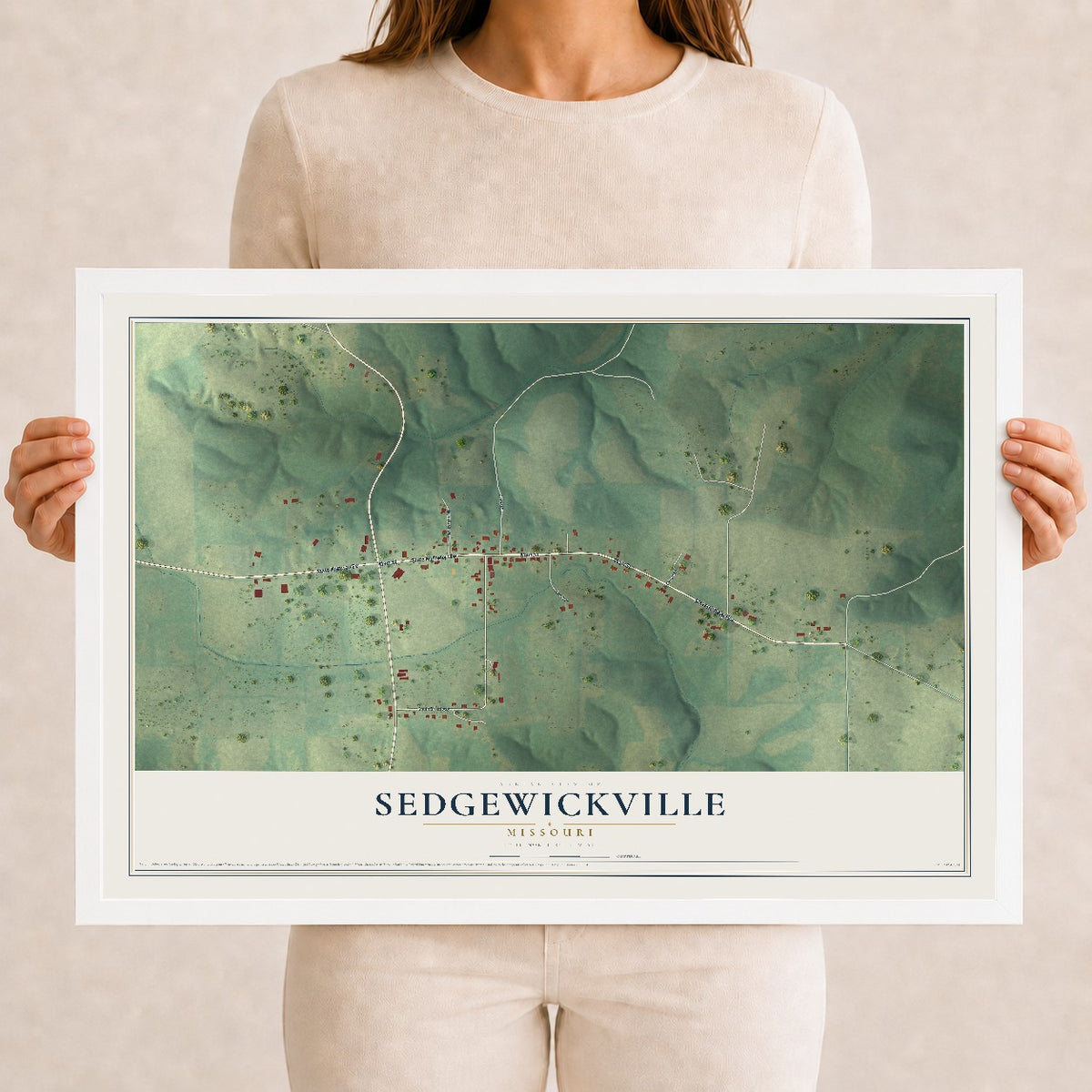 Map of Sedgewickville, Missouri, 12 x 18 inch print in a white wood frame