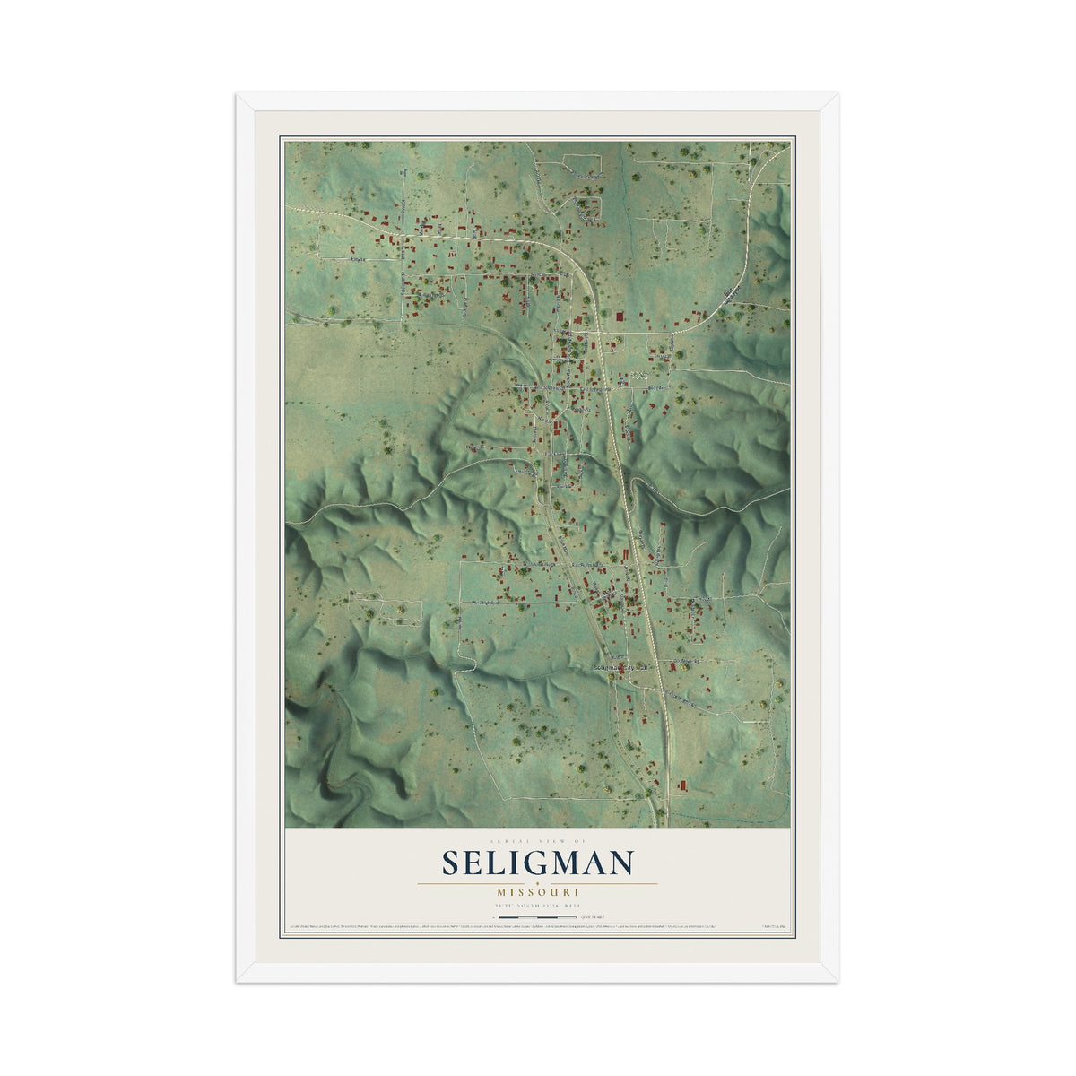Map of Seligman, Missouri, 12 x 18 inch print in a white wood frame
