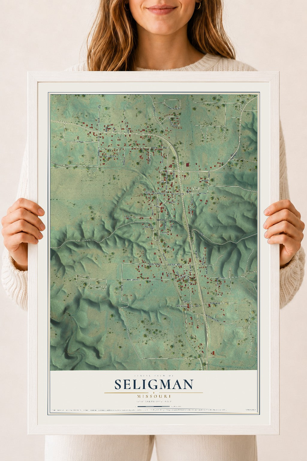 Map of Seligman, Missouri, 18 x 24 inch print in a white wood frame