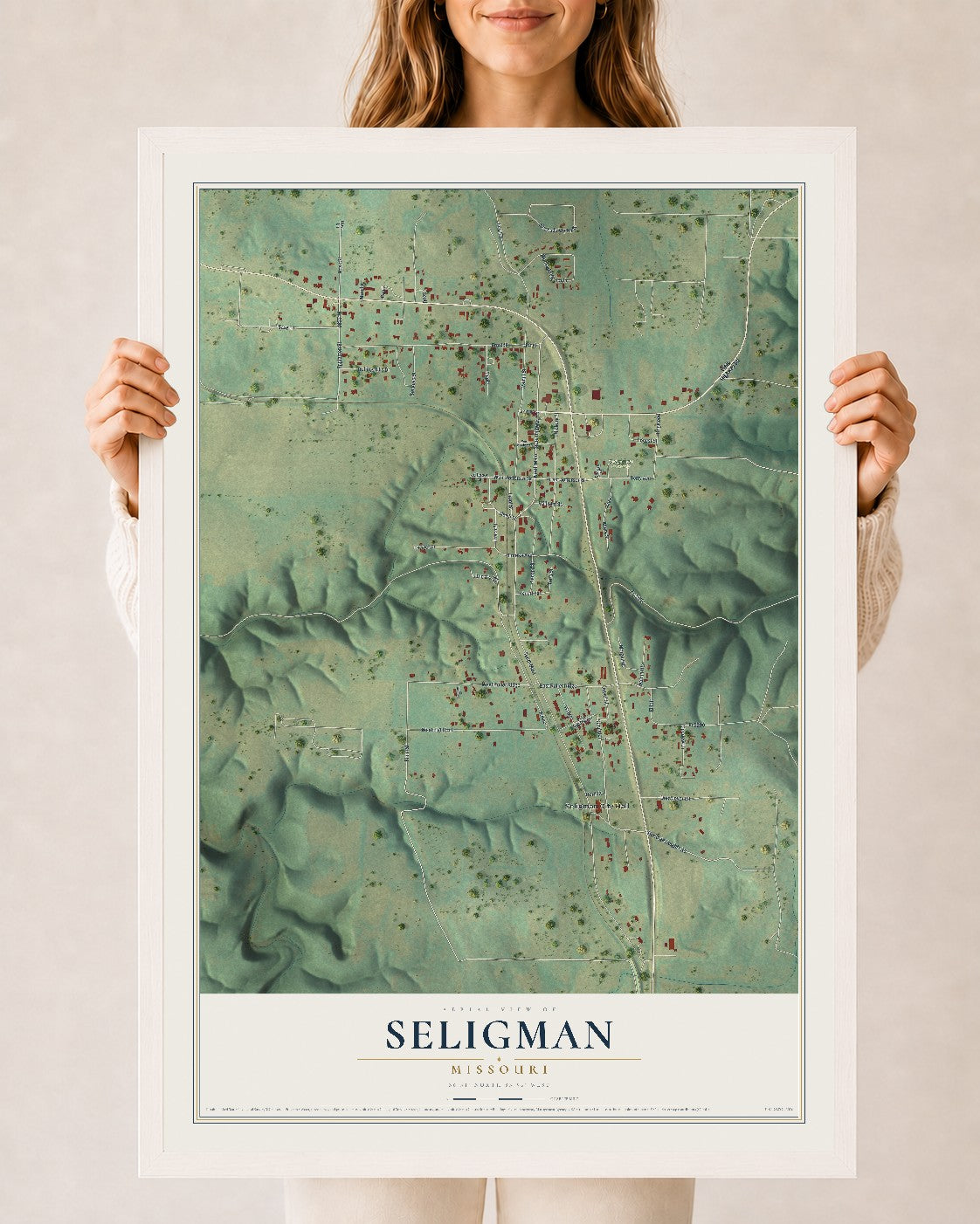 Map of Seligman, Missouri, 24 x 36 inch print in a white wood frame