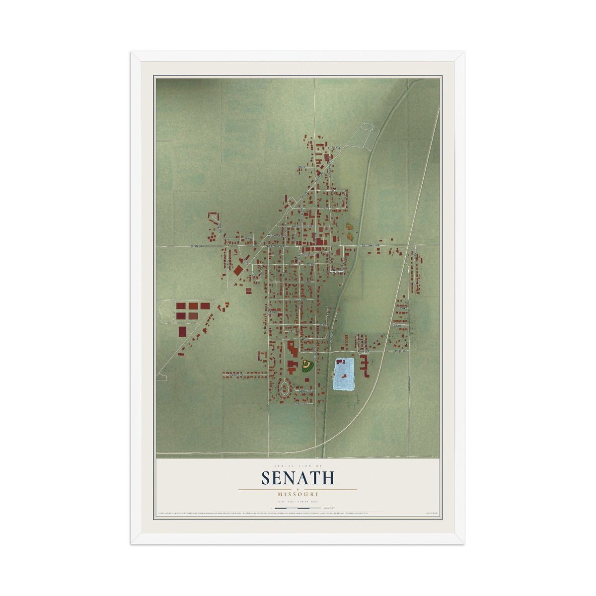 Map of Senath, Missouri, 12 x 18 inch print in a white wood frame