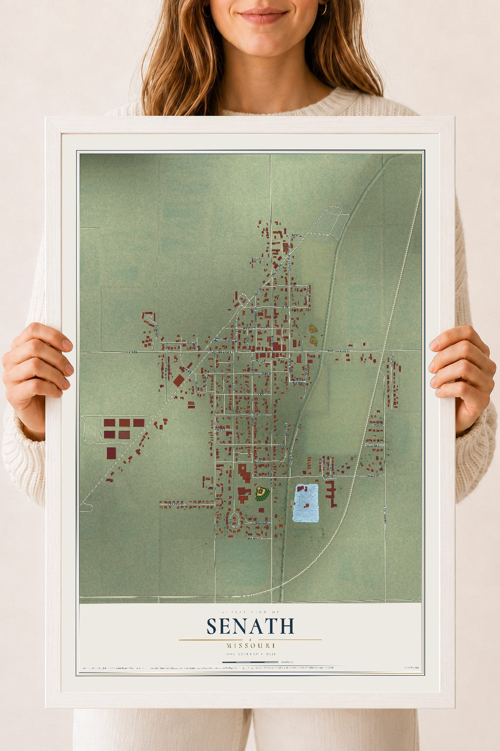 Map of Senath, Missouri, 18 x 24 inch print in a white wood frame
