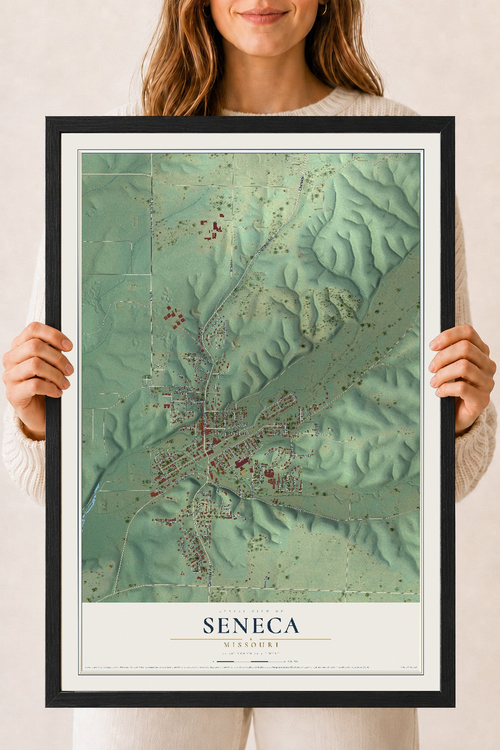 Map of Seneca, Missouri, 18 x 24 inch print in a black wood frame