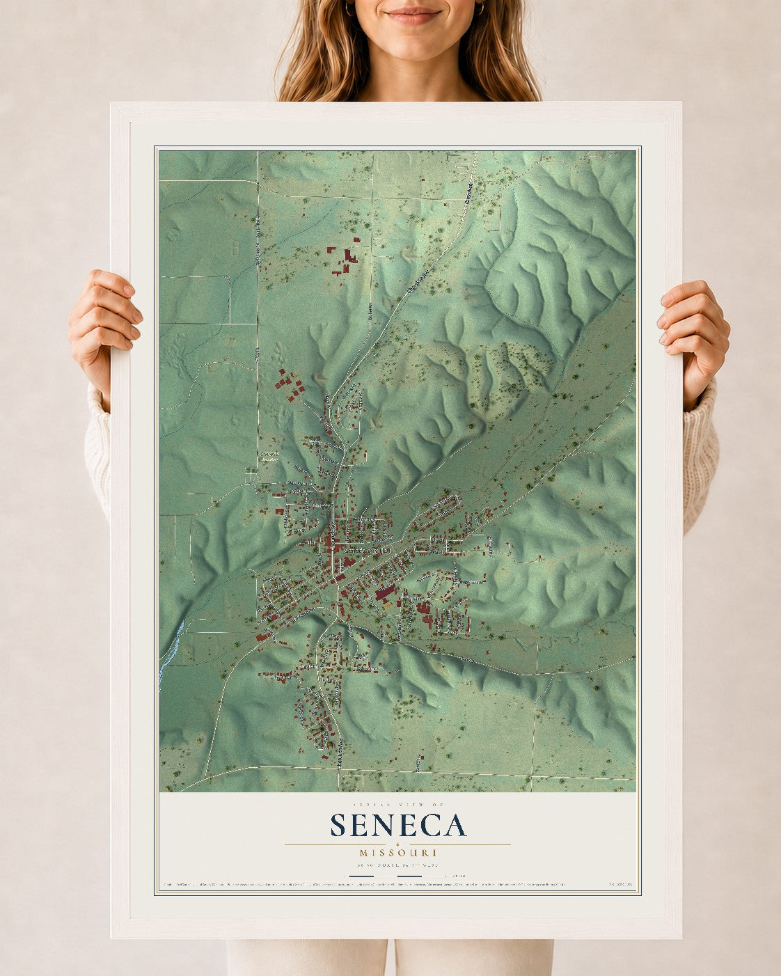 Map of Seneca, Missouri, 24 x 36 inch print in a white wood frame