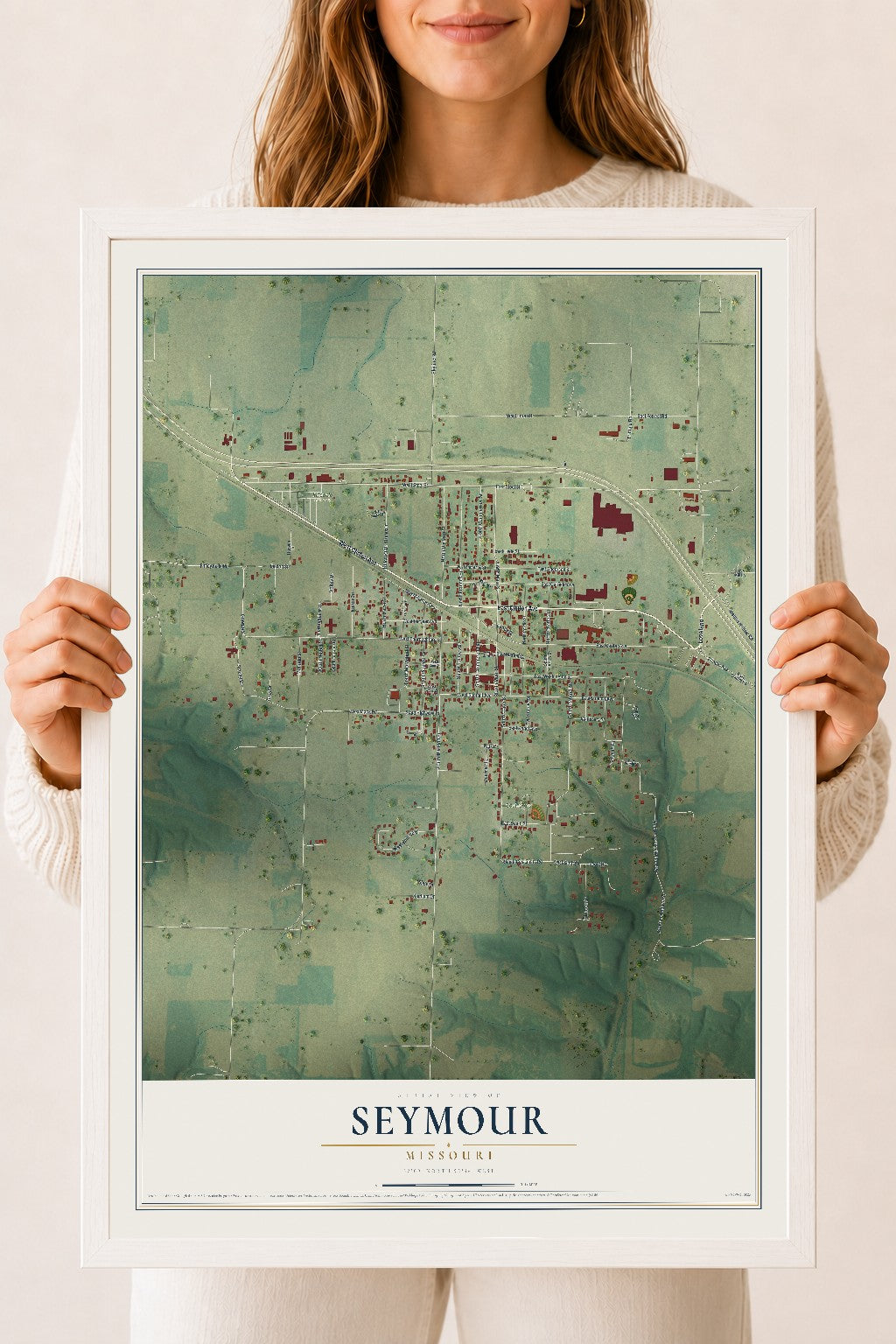 Map of Seymour, Missouri, 18 x 24 inch print in a white wood frame