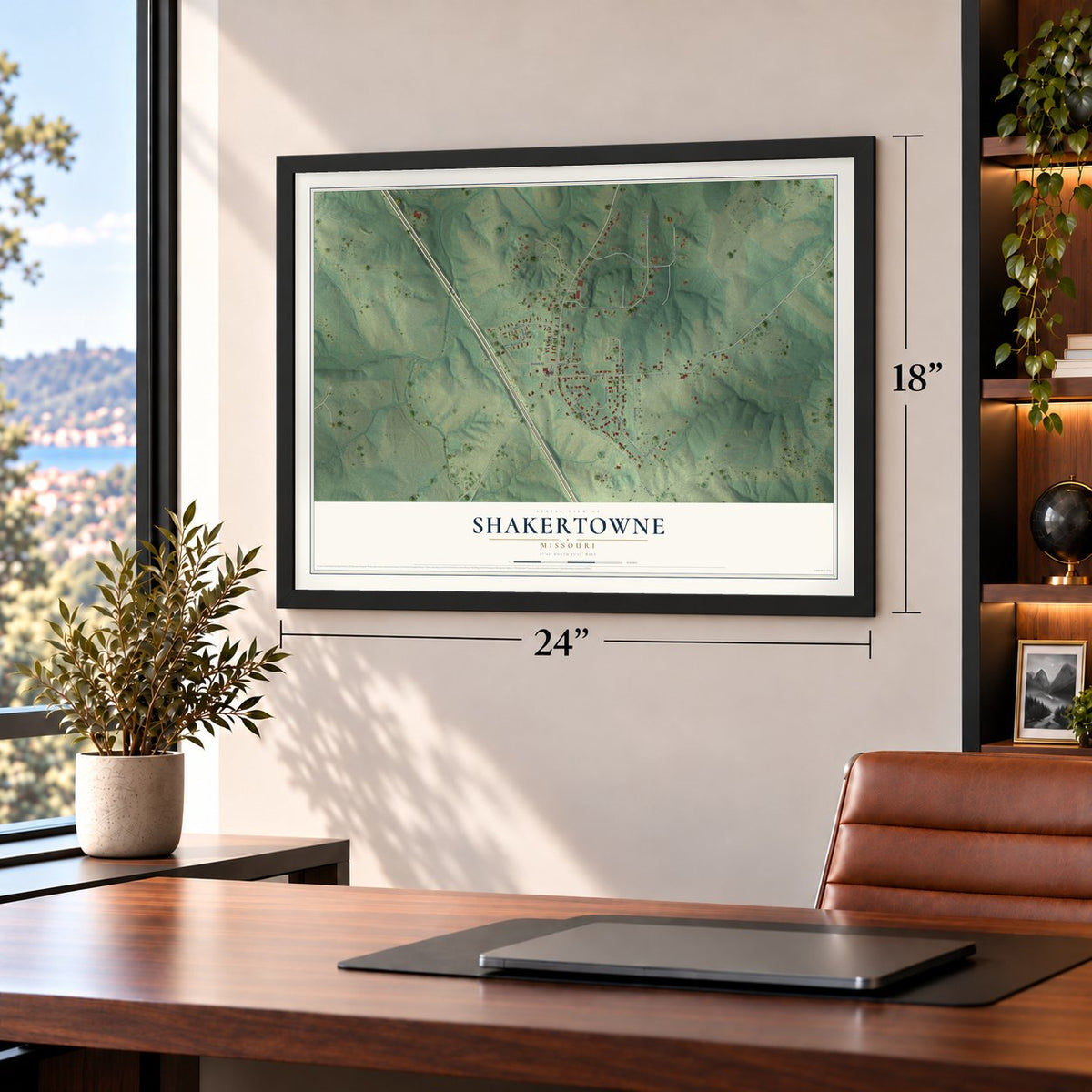 Shakertowne, Missouri map, 18 x 24 inch print in a black frame in a home office