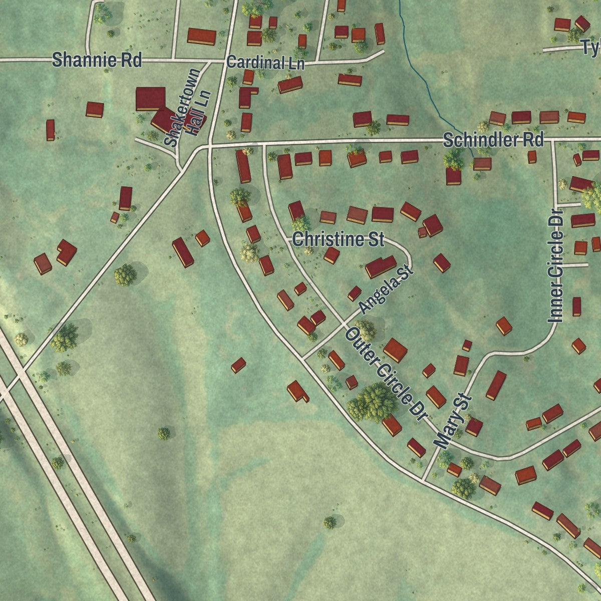Close-up of the map of Shakertowne, Missouri print showing street and building detail