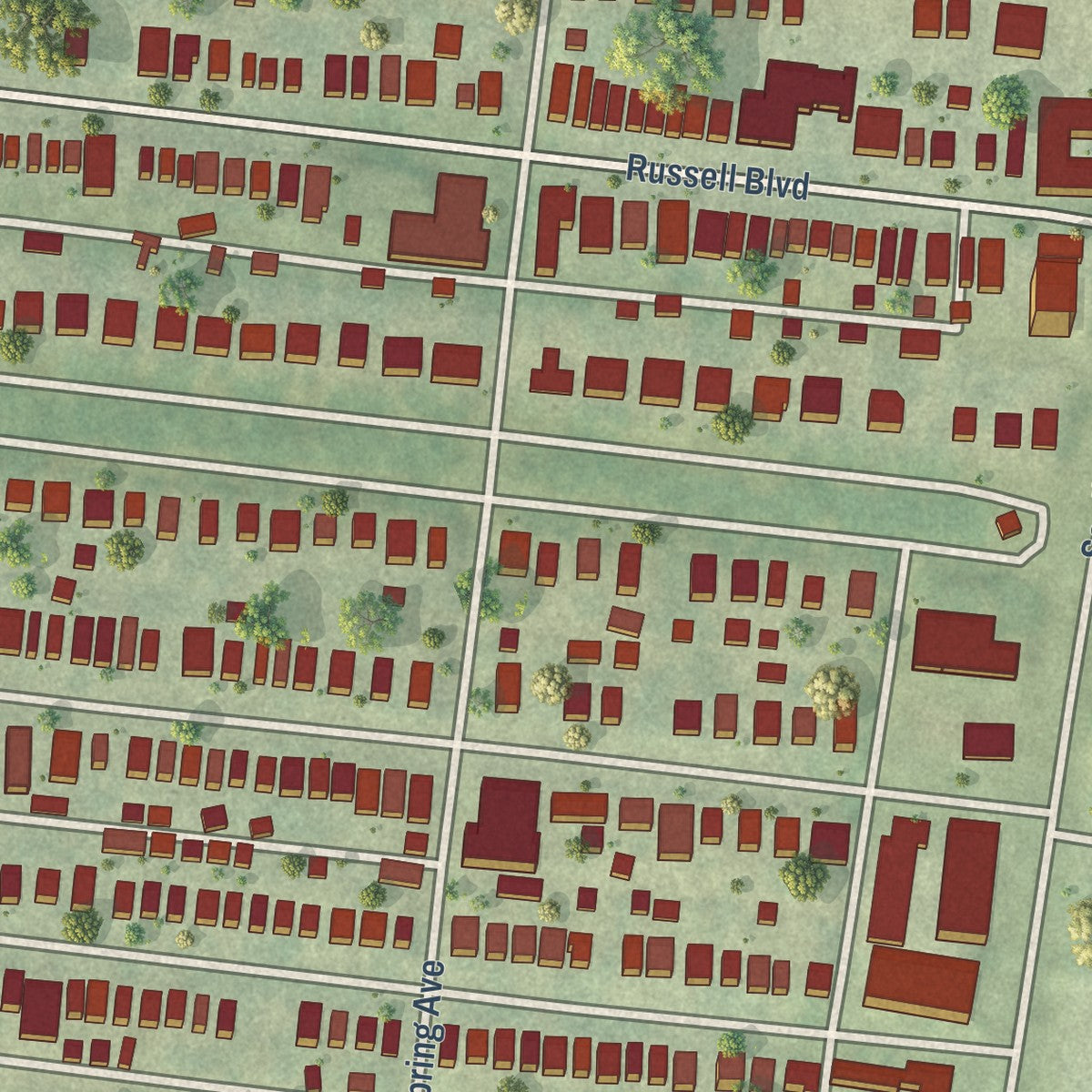 Close-up of the map of Shaw, Missouri print showing street and building detail