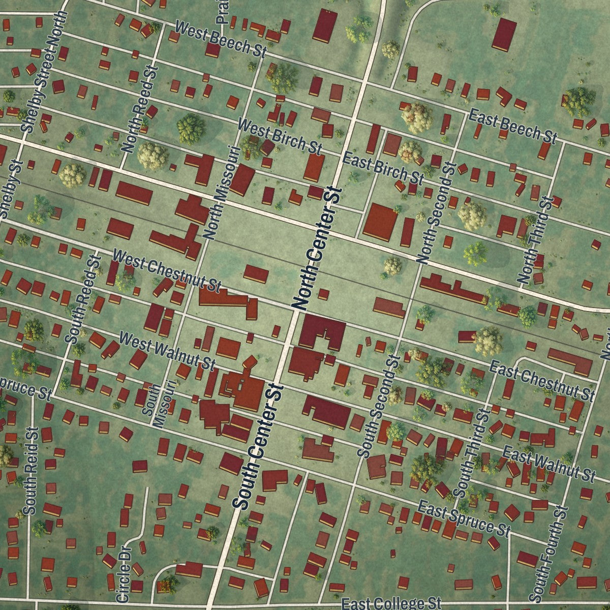 Close-up of the map of Shelbina, Missouri print showing street and building detail