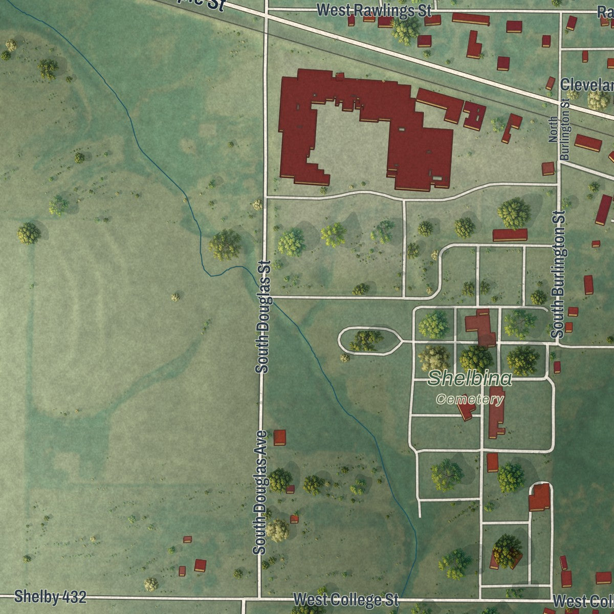 Second close-up of the map of Shelbina, Missouri print showing more streets and buildings