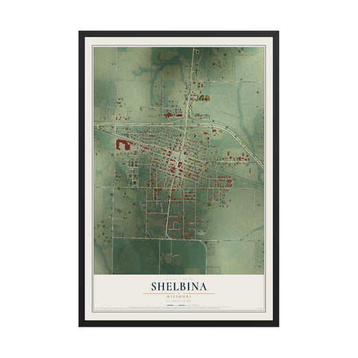Map of Shelbina, Missouri, 12 x 18 inch print in a black wood frame