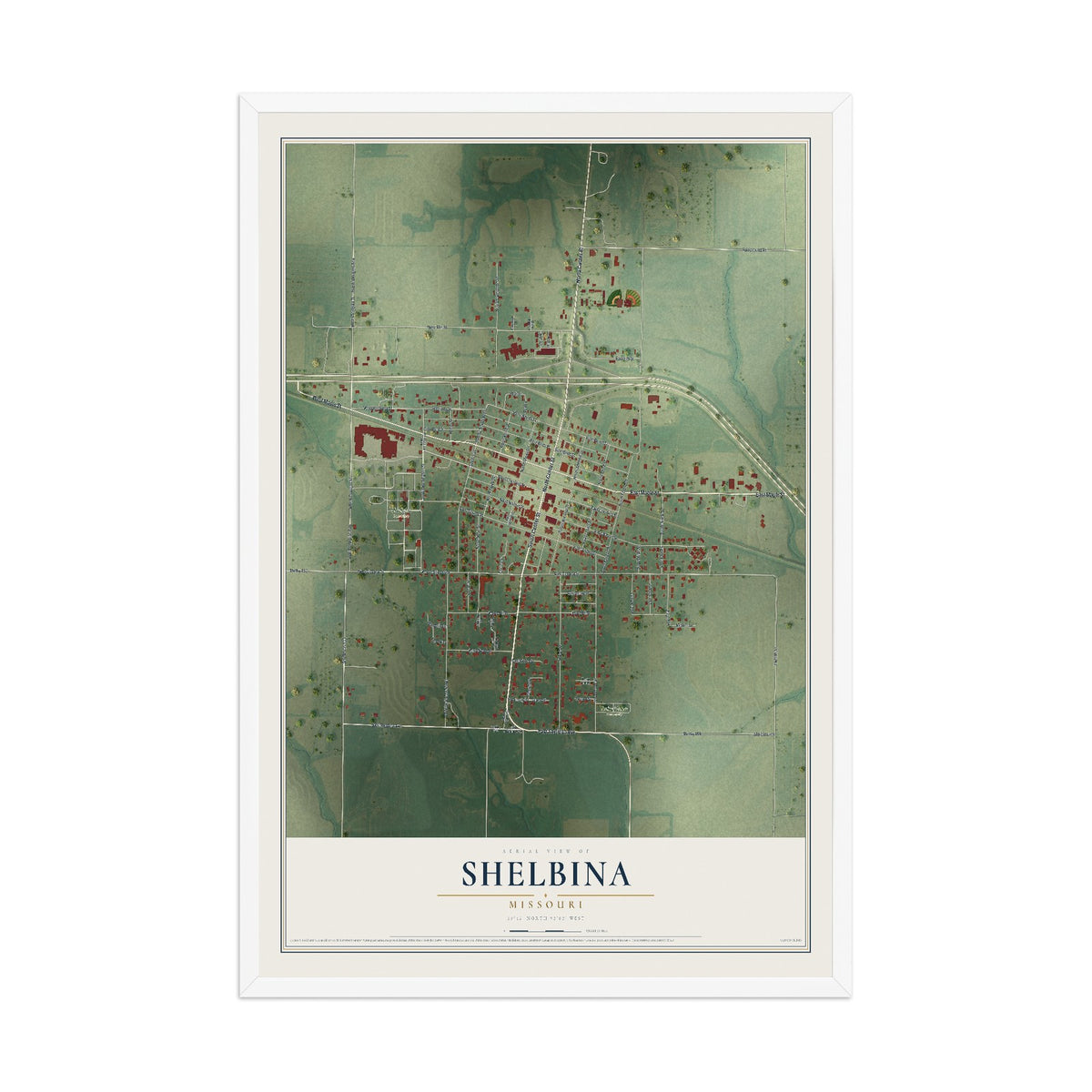 Map of Shelbina, Missouri, 12 x 18 inch print in a white wood frame