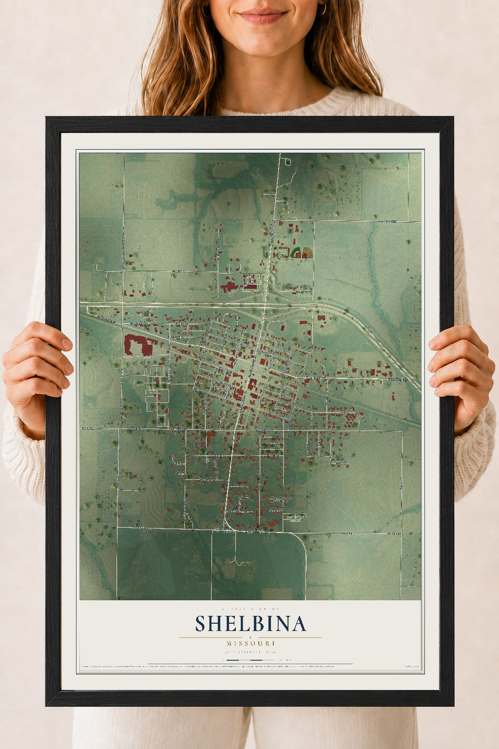 Map of Shelbina, Missouri, 18 x 24 inch print in a black wood frame