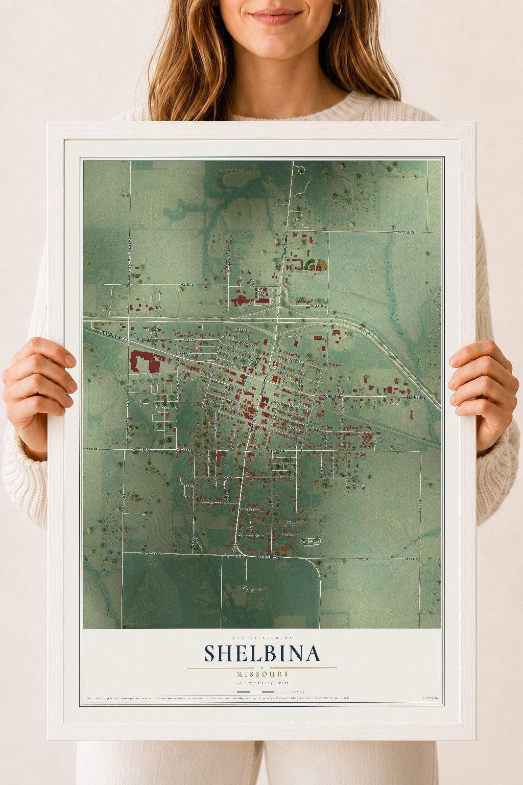 Map of Shelbina, Missouri, 18 x 24 inch print in a white wood frame
