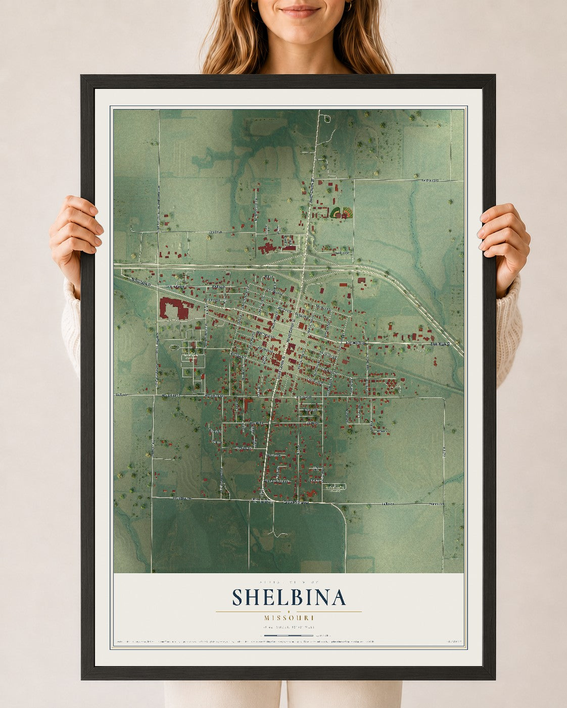 Map of Shelbina, Missouri, 24 x 36 inch print in a black wood frame