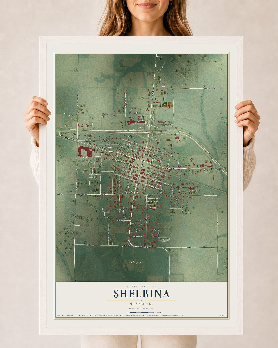 Map of Shelbina, Missouri, 24 x 36 inch print in a white wood frame