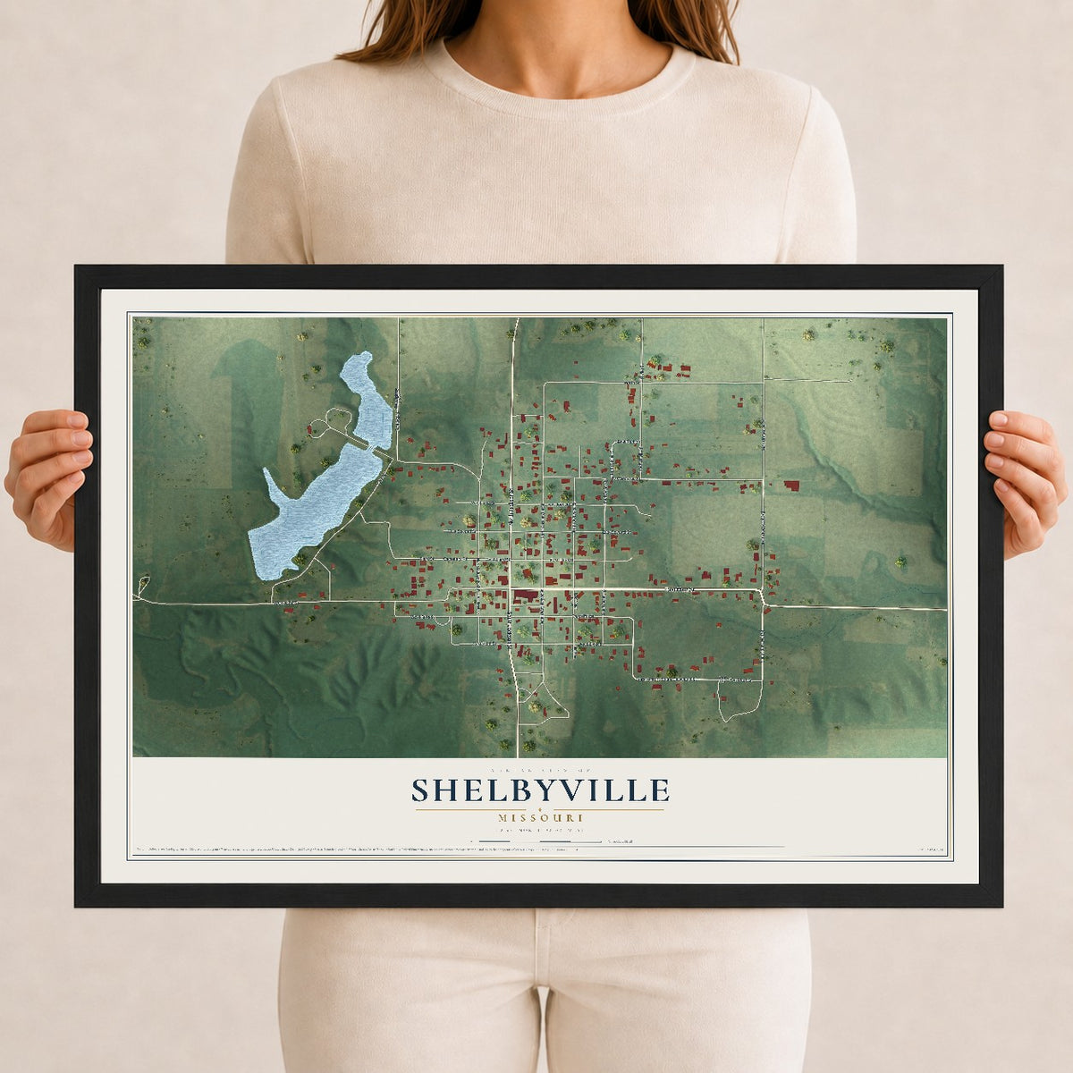 Map of Shelbyville, Missouri, 12 x 18 inch print in a black wood frame