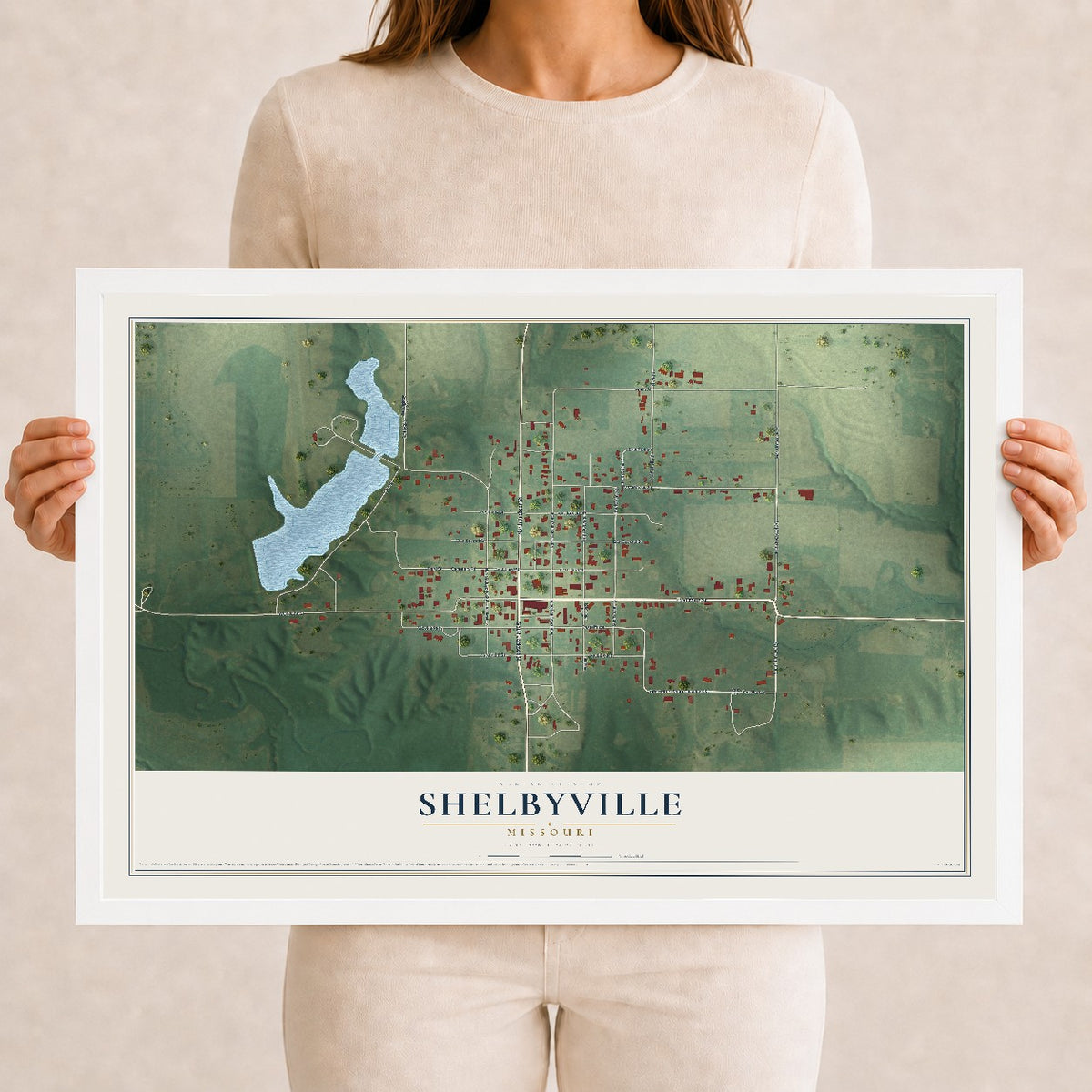 Map of Shelbyville, Missouri, 12 x 18 inch print in a white wood frame