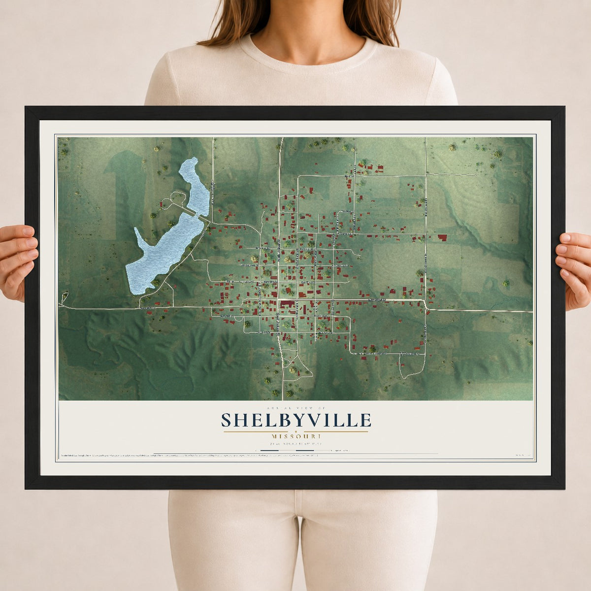 Map of Shelbyville, Missouri, 18 x 24 inch print in a black wood frame