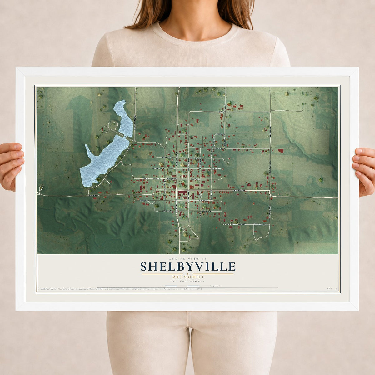 Map of Shelbyville, Missouri, 18 x 24 inch print in a white wood frame