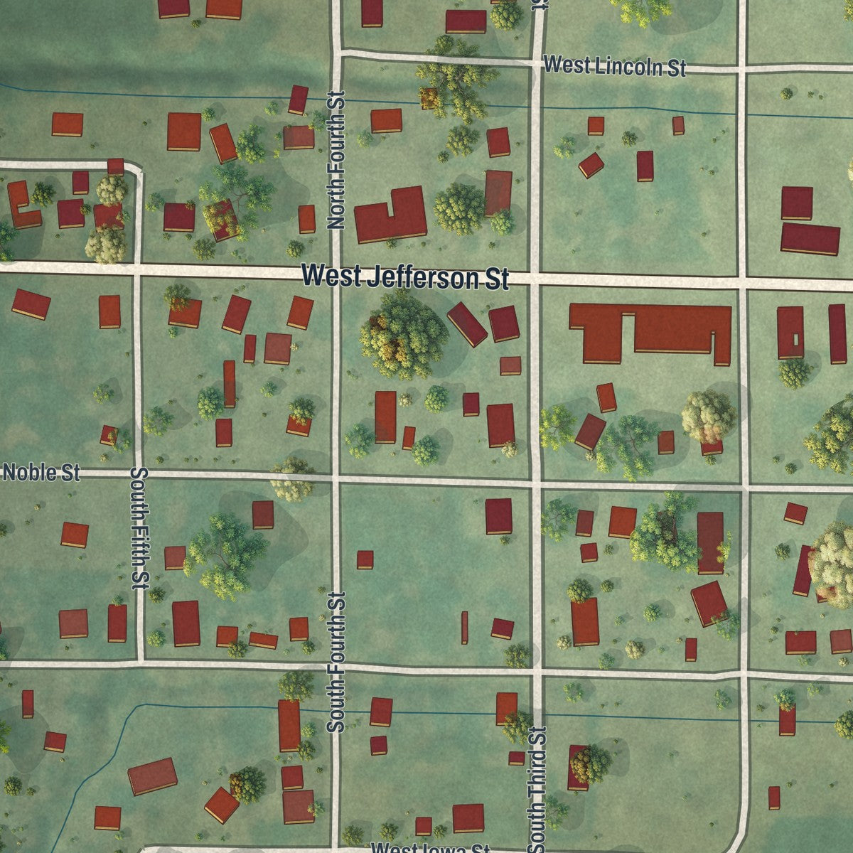 Close-up of the map of Sheridan, Missouri print showing street and building detail