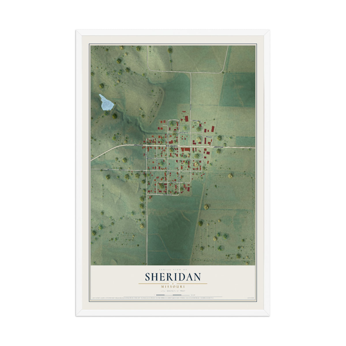 Map of Sheridan, Missouri, 12 x 18 inch print in a white wood frame