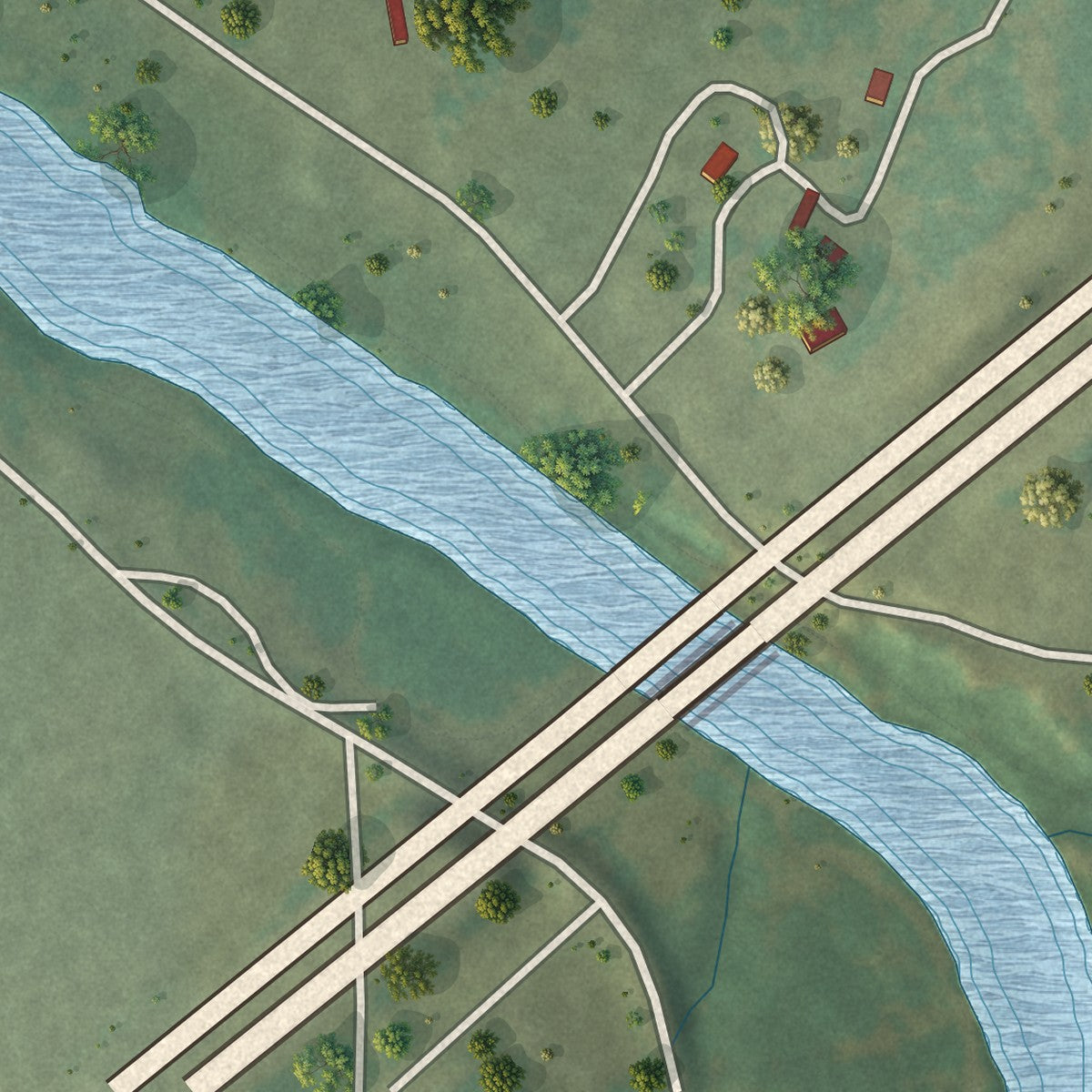 Close-up of the map of Shoal Creek Drive, Missouri print showing street and building detail