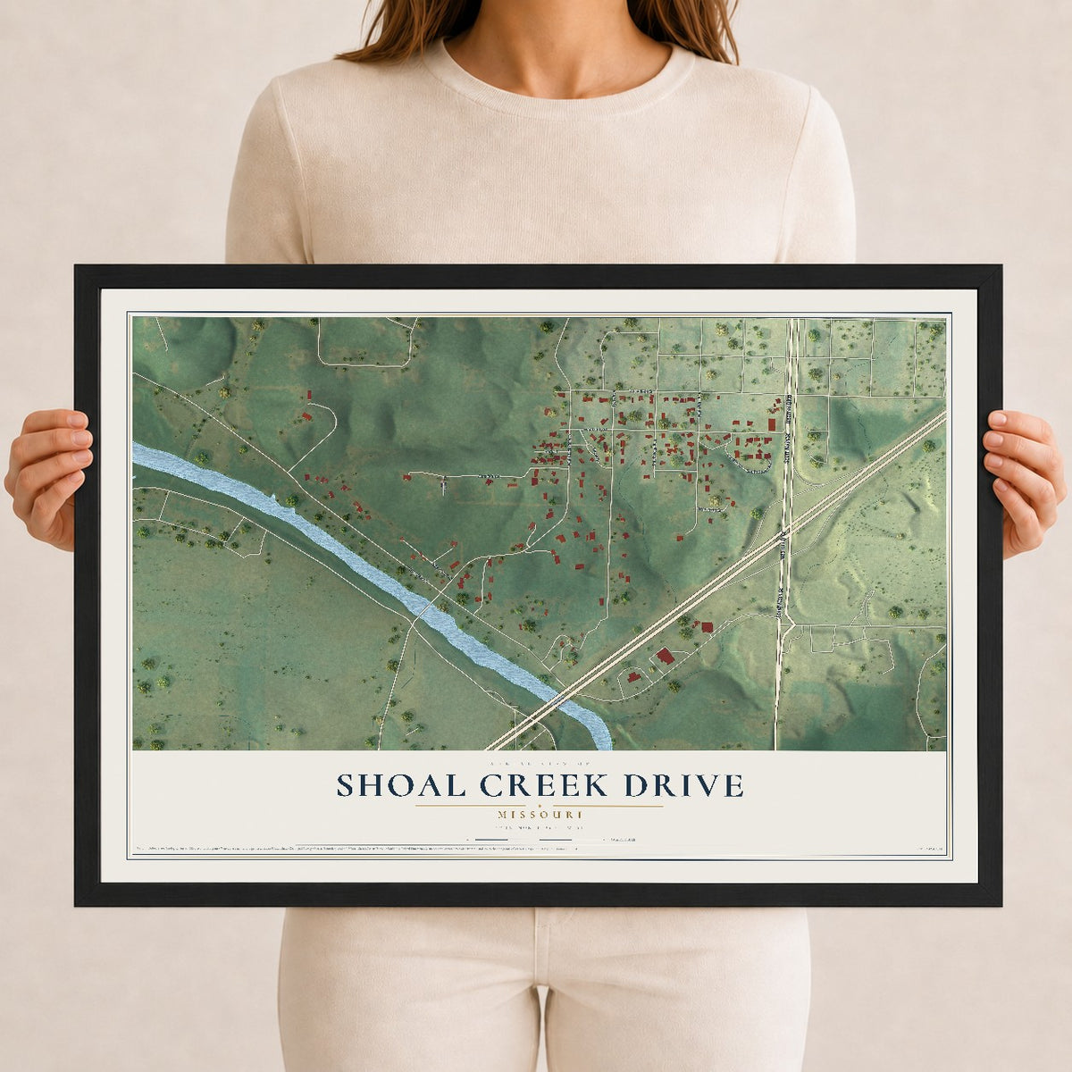 Map of Shoal Creek Drive, Missouri, 12 x 18 inch print in a black wood frame