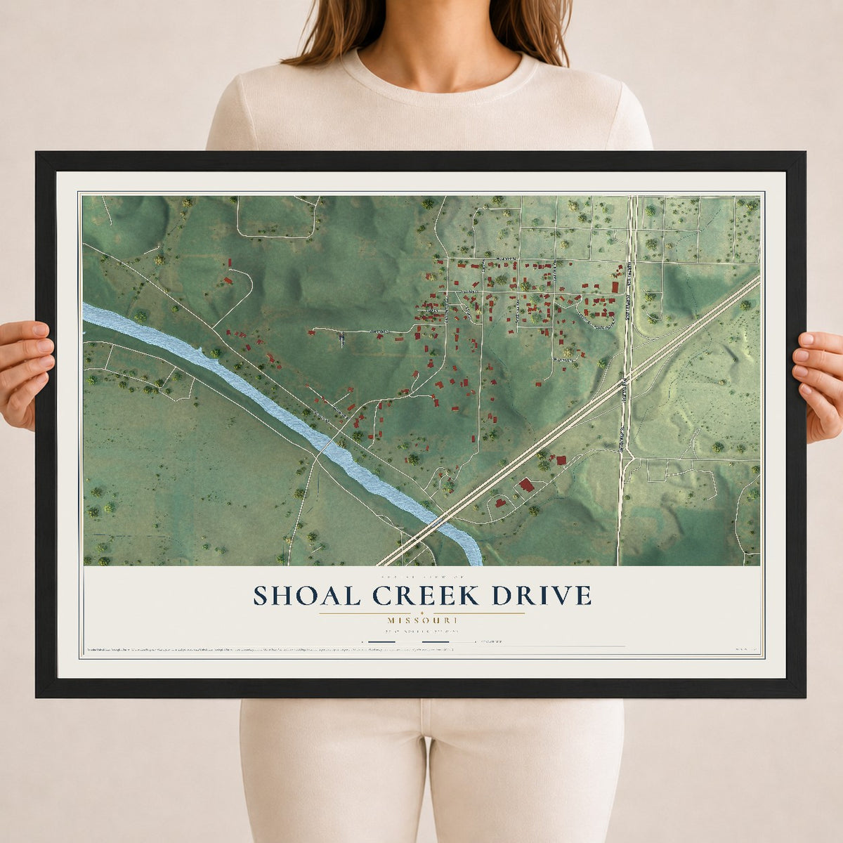 Map of Shoal Creek Drive, Missouri, 18 x 24 inch print in a black wood frame