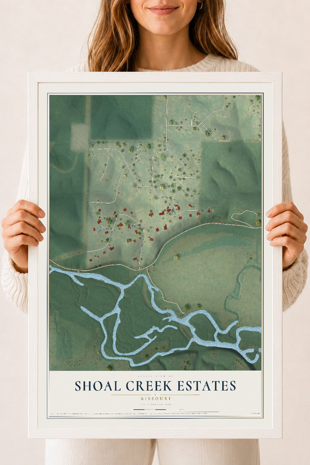Map of Shoal Creek Estates, Missouri, 18 x 24 inch print in a white wood frame