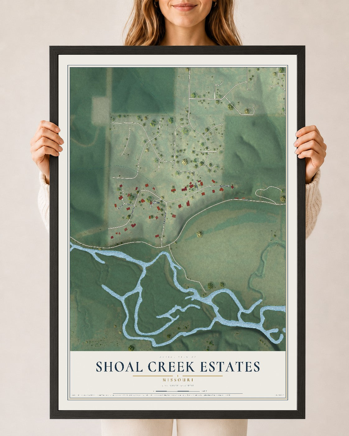Map of Shoal Creek Estates, Missouri, 24 x 36 inch print in a black wood frame