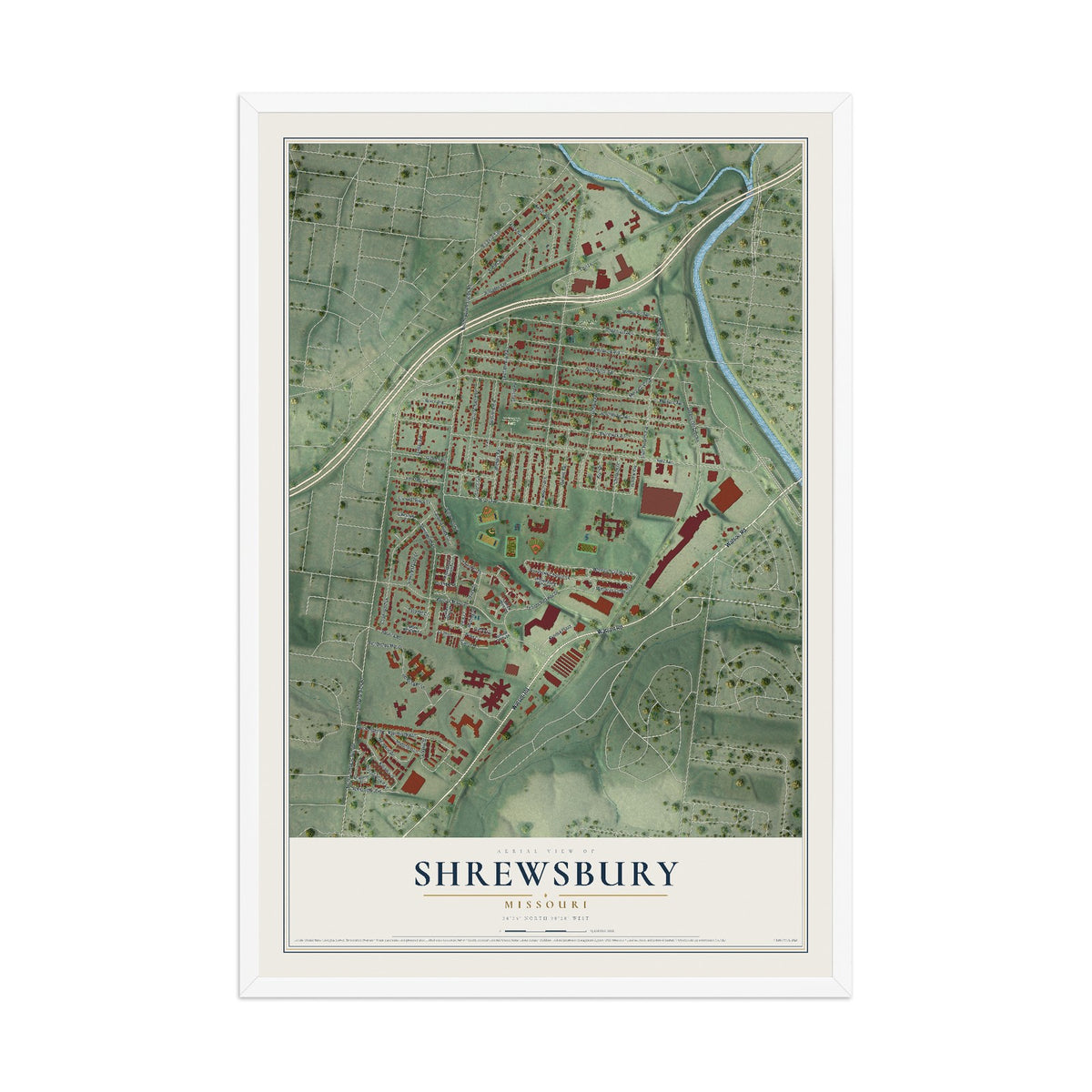 Map of Shrewsbury, Missouri, 12 x 18 inch print in a white wood frame