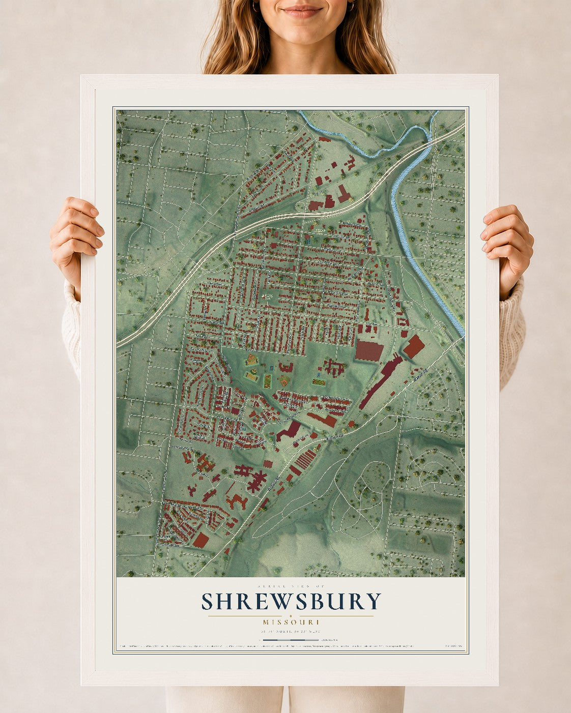 Map of Shrewsbury, Missouri, 24 x 36 inch print in a white wood frame