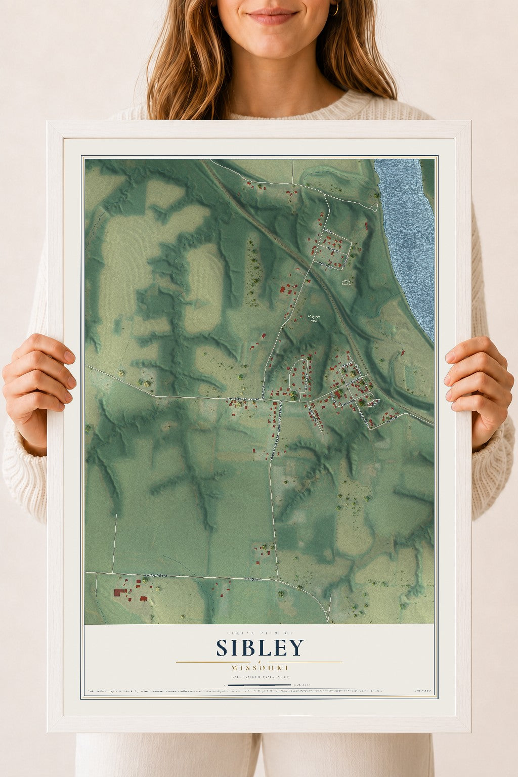 Map of Sibley, Missouri, 18 x 24 inch print in a white wood frame