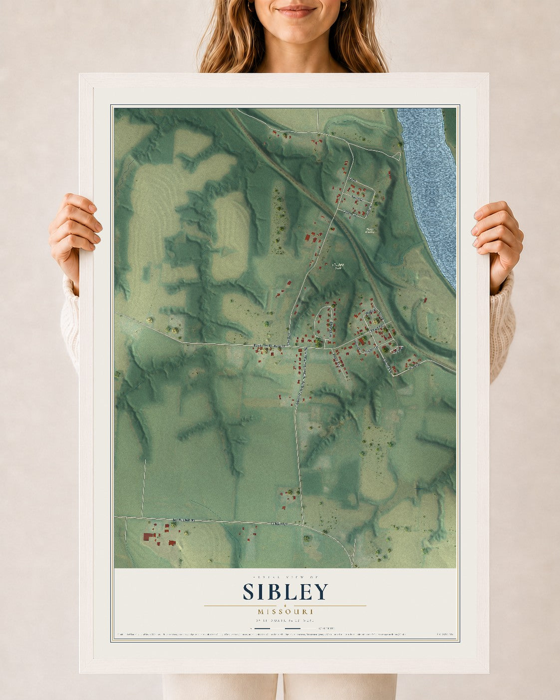 Map of Sibley, Missouri, 24 x 36 inch print in a white wood frame