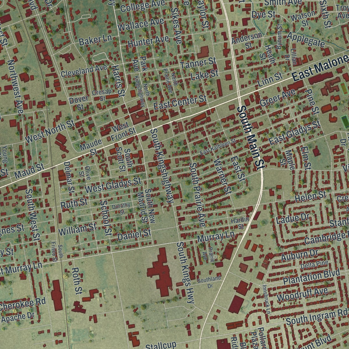 Close-up of the map of Sikeston, Missouri print showing street and building detail