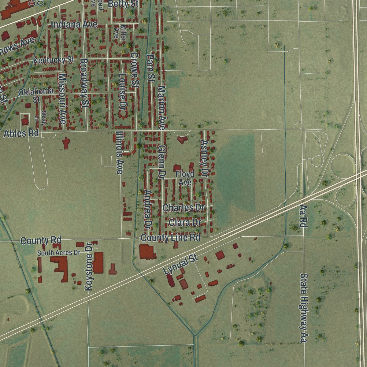 Second close-up of the map of Sikeston, Missouri print showing more streets and buildings