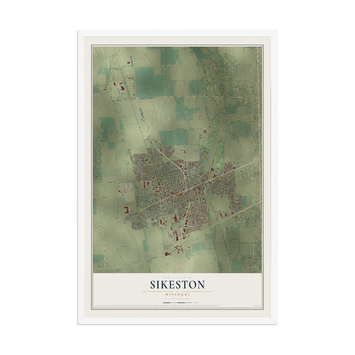 Map of Sikeston, Missouri, 12 x 18 inch print in a white wood frame