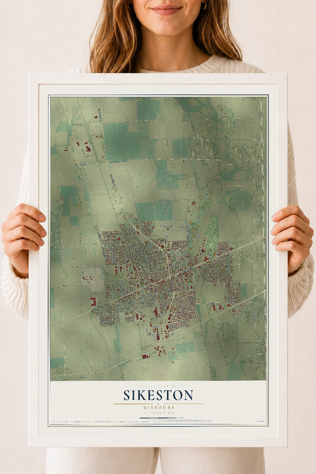 Map of Sikeston, Missouri, 18 x 24 inch print in a white wood frame