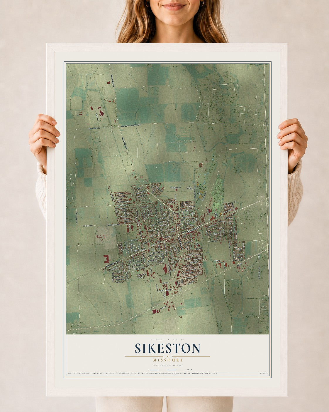 Map of Sikeston, Missouri, 24 x 36 inch print in a white wood frame