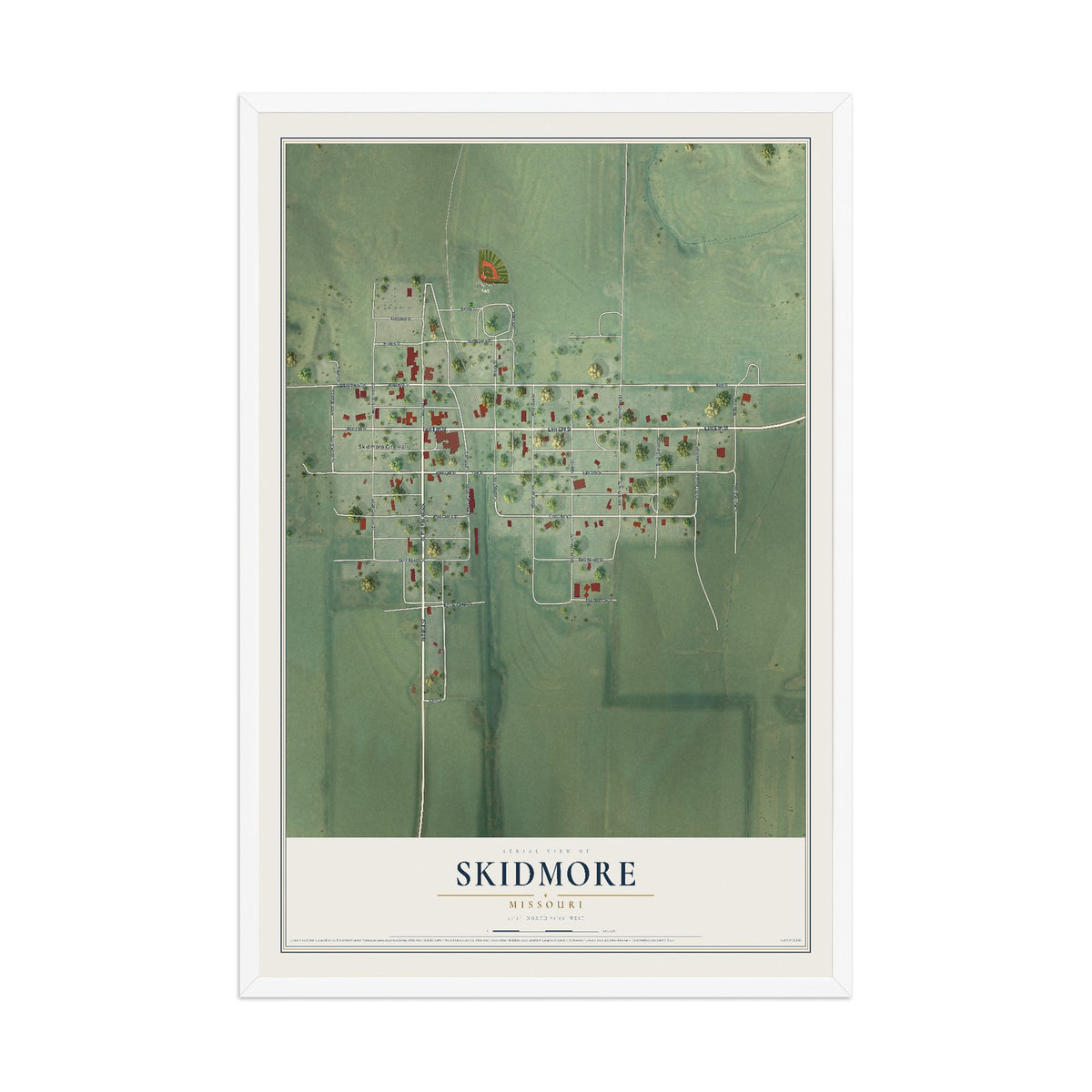 Map of Skidmore, Missouri, 12 x 18 inch print in a white wood frame