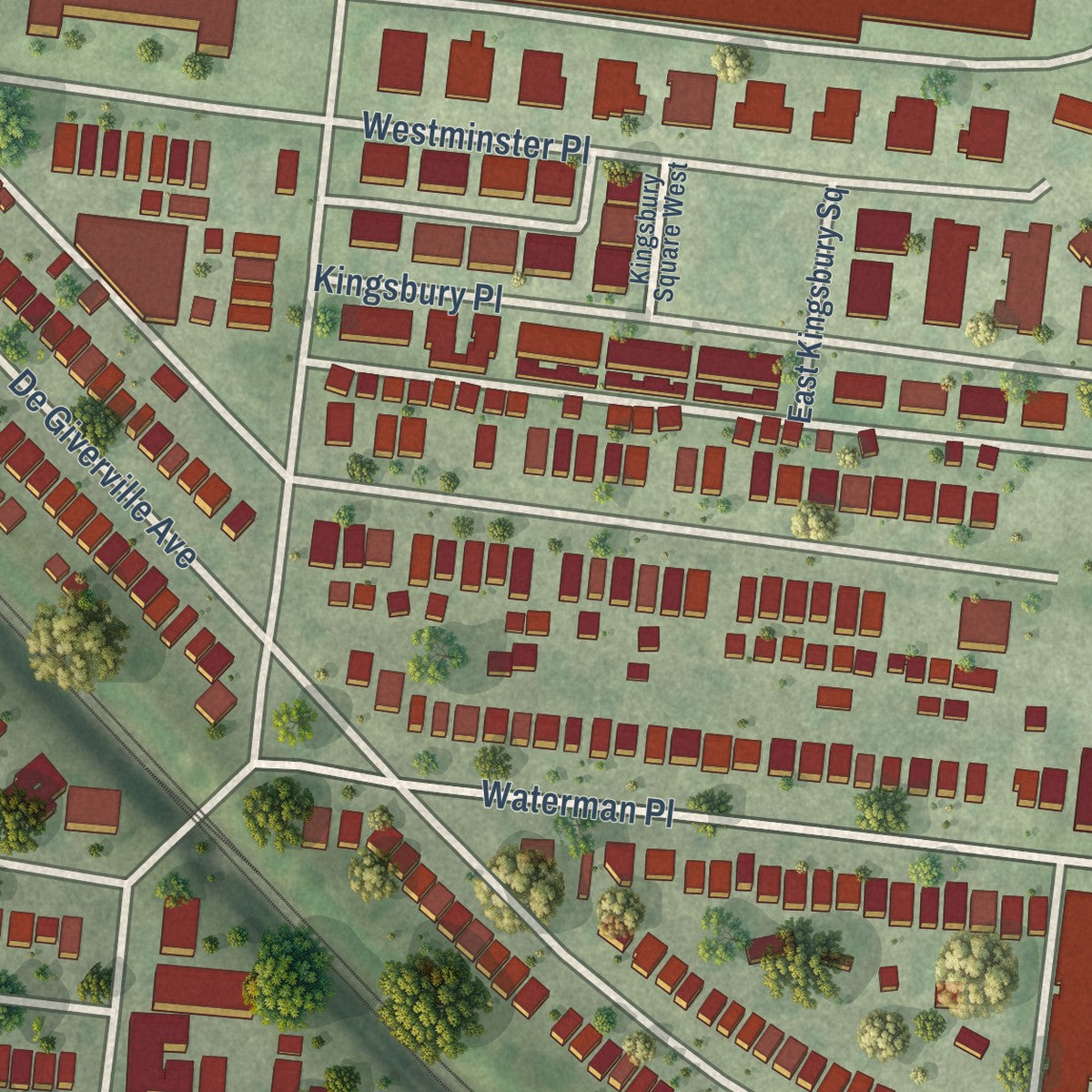 Close-up of the map of Skinker DeBaliviere, Missouri print showing street and building detail