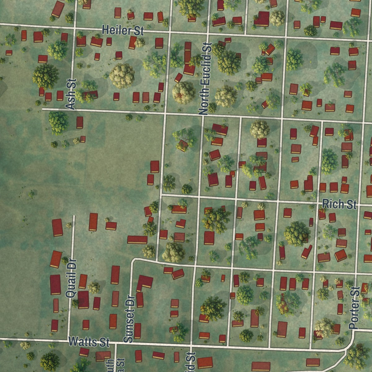 Second close-up of the map of Slater, Missouri print showing more streets and buildings