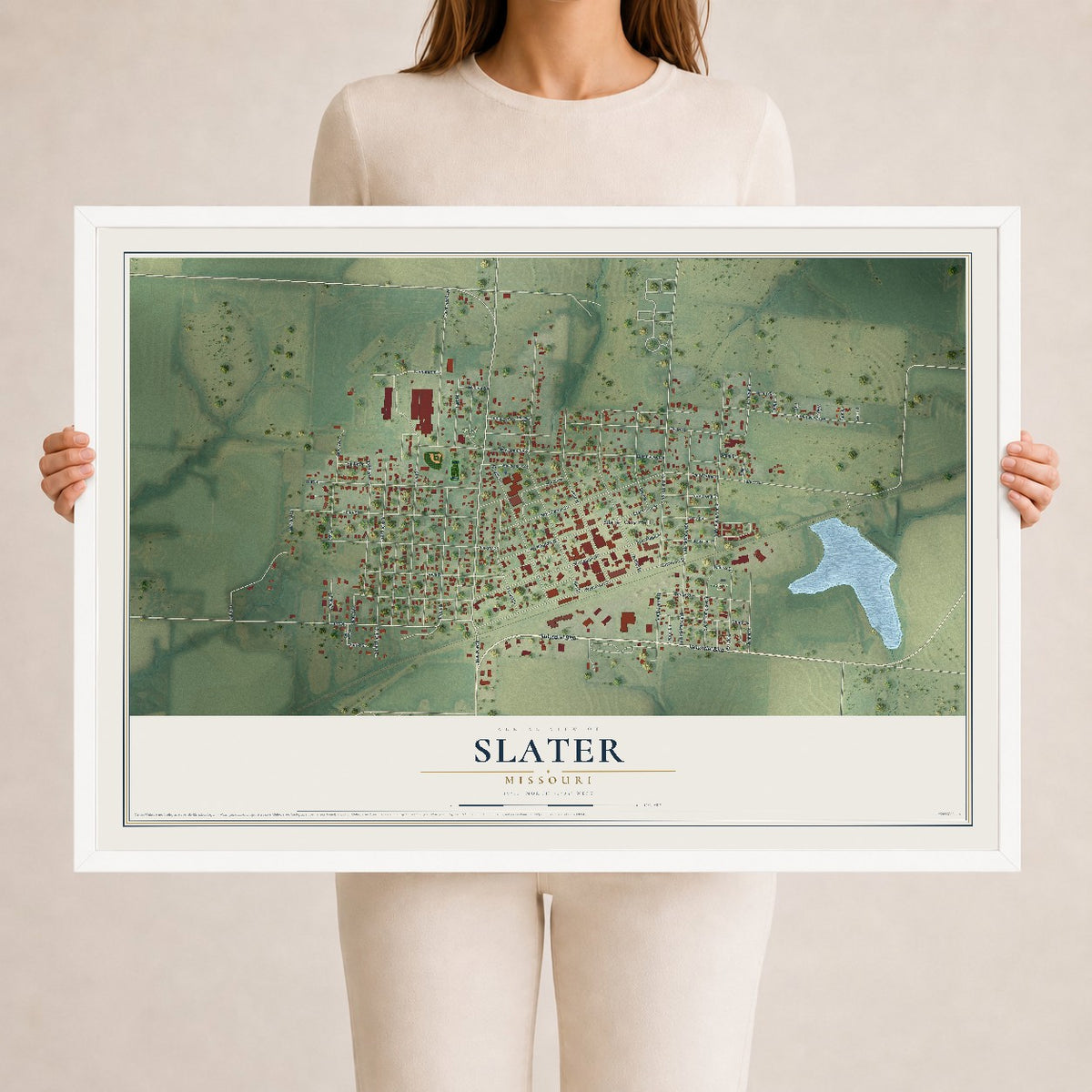 Map of Slater, Missouri, 24 x 36 inch print in a white wood frame