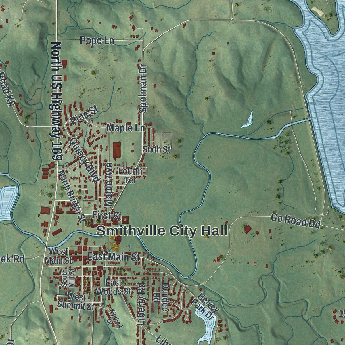Second close-up of the map of Smithville, Missouri print showing more streets and buildings