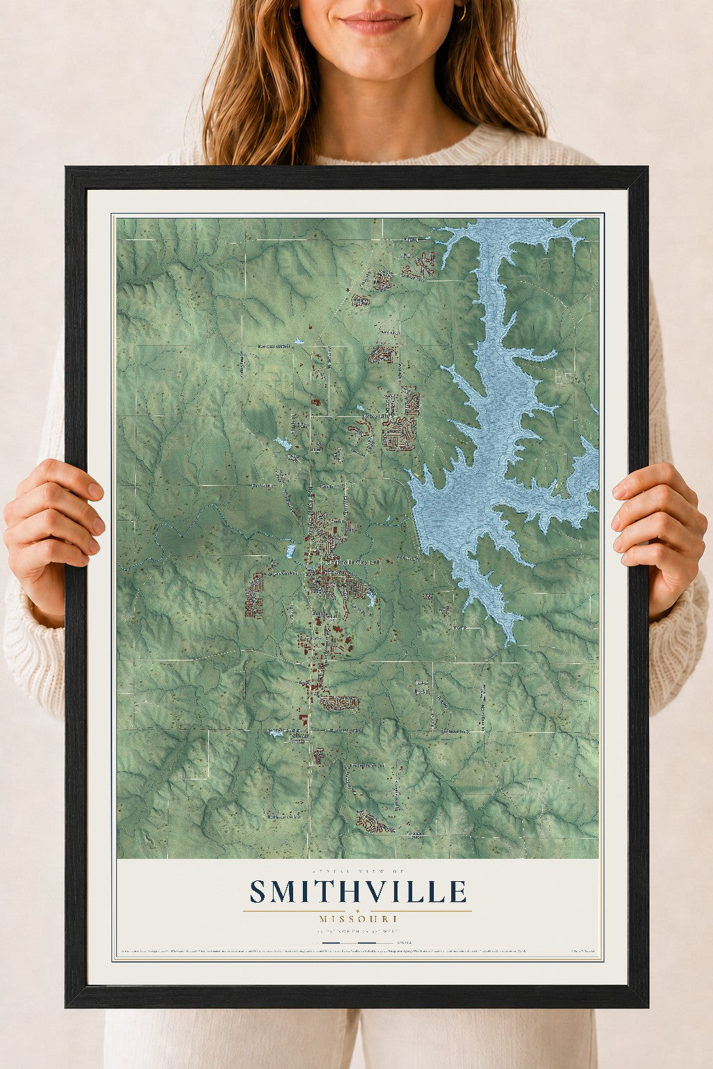 Map of Smithville, Missouri, 18 x 24 inch print in a black wood frame