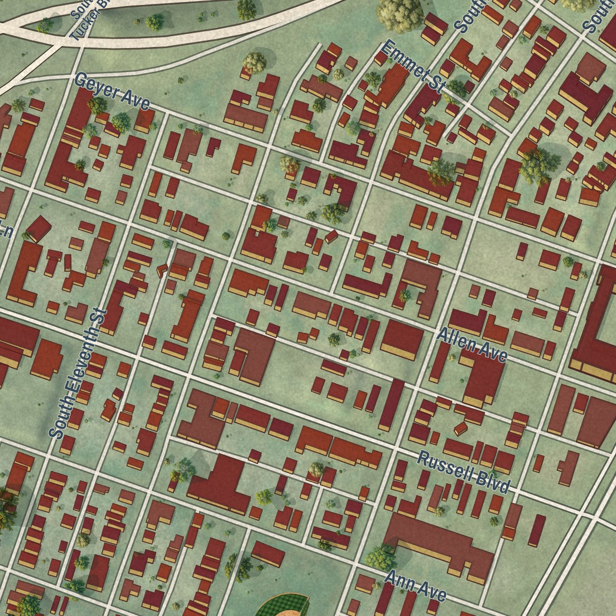 Close-up of the map of Soulard, Missouri print showing street and building detail